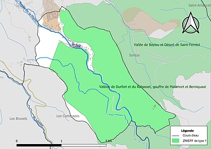 Carte des ZNIEFF de type 1 sur la commune.