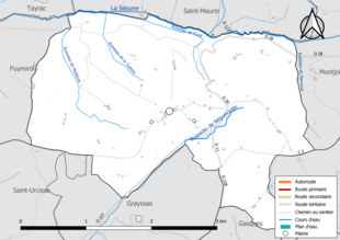 Carte en couleur présentant le réseau hydrographique de la commune