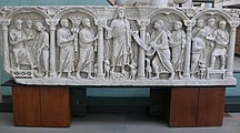 Marble sarcophagus depicting the law delivered to Saint Peter. C. 300–400