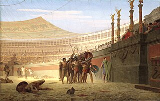 Somewhat stylized view from within a Roman arena; a group of around seven gladiators are picked out by the sunlight saluting the Emperor, their weapons and shields held aloft. The stalls for the immense audience stretch into the distance. On the ground a small number of the dead from previous combats lie where they fell in the sand.