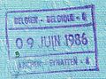 Belgium: Pre-Schengen passport stamp from Eynatten border crossing, 1986. Border crossing with Germany at Aachen.