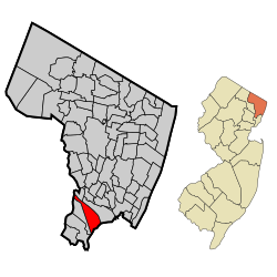 Location of East Rutherford in Bergen County highlighted in red (left). Inset map: Location of Bergen County in New Jersey highlighted in orange (right).