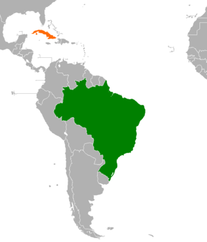 Mapa indicando localização do Brasil e de Cuba.