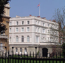 Photograph of Clarence House, a white building with a Union flag flying over it