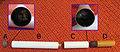 Éléments constitutifs d'une cigarette électronique (modèle de première génération). A : Indicateur lumineux de fonctionnement. B : Accumulateur et circuits électroniques. C : Résistance chauffante et atomiseur. D : Cartouche et embout.