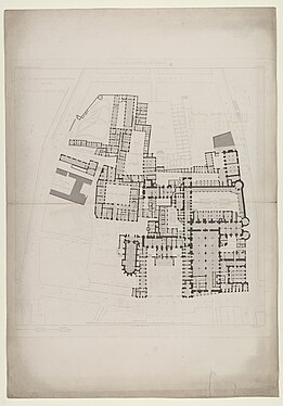 Plan du Palais de Justice en 1838. En haut à gauche, on voit l'arc indiqué en grisé au travers de la rue de Nazareth.