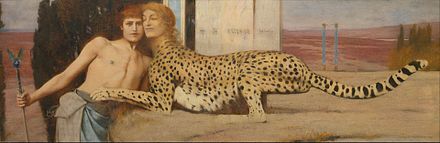 The painting The Caress depicting a creature with a woman's head and a cheetah's body