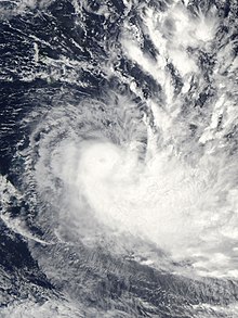 An image of a Tropical Cyclone to the east of Fiji. The Cyclone has a poorly defined eye with convection wrapping around the center