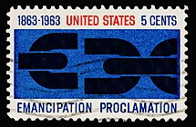 A stamp featuring a simple design of a broken chain in black on a blue background.