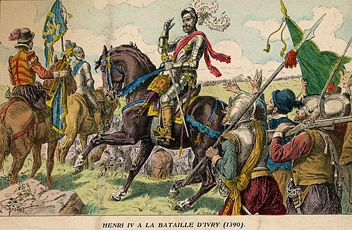 Henri IV at the battle of Ivry (1590). Color lithograph by E. Crété after H. Grobet, Histoire de France, Paris, Guérin, 1902.