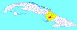 Jimaguayú municipality (red) within Camagüey Province (yellow) and Cuba