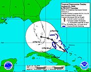 A map of a storm track surrounded by an error cone extending from the Bahamas northwest to Florida