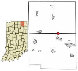 Location of Wolcottville in Noble County and LaGrange County, Indiana.