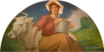 Woman dressed as dairy maid, with pale on her lap while her other arm is resting on a milk churn. Behind her is a white cow.