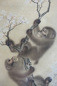 Monkeys in a blossoming cherry tree