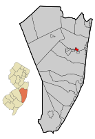 Location of Island Heights in Ocean County highlighted in red (right). Inset map: Location of Ocean County in New Jersey highlighted in orange (left).