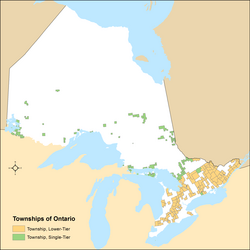 Distribution of Ontario's township municipalities by lower-tier[clarification needed] and single-tier[clarification needed] municipality status