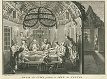 ציור המתאר יהודים-הולנדים ממוצא ספרדי-פורטוגלי, היושבים בסוכה יחדיו במהלך חג הסוכות (ברנאר פיקאר, תַחרִיט, 1724)