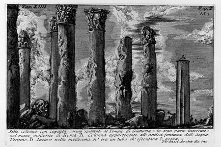 Gravura de Piranesi (1756) com as ruínas da Fonte da Água Virgem.