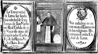 Oil painting commemorating the foundation of the University of Lima (later named San Marcos), officially the first university in Peru and the Americas, and its manager Friar Tomas of San Martin