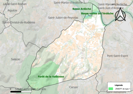 Carte des ZNIEFF de type 1 sur la commune.