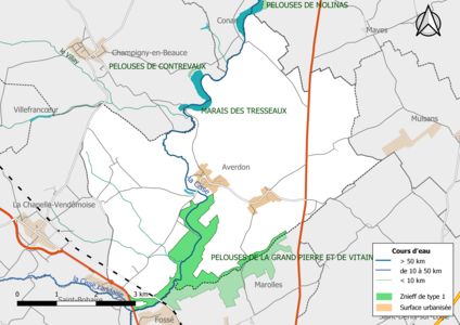 Carte des ZNIEFF de type 1 localisées sur la commune[Note 2].