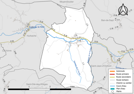 Carte en couleur présentant le réseau hydrographique de la commune