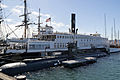 Photograph of the funnel of the ferry Berkeley from the vessel's roof, showing the Southern Pacific logo on the side of the stack.