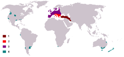 1: Endémico. 2: Posiblemente endémico. 3: Introducción humana antigua. 4: Introducción humana moderna