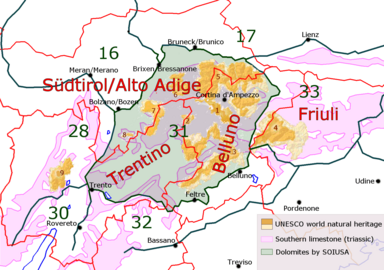 Otras delimitaciones: verde, definición según SOIUSA; rosa, áreas con roca dolomítica; naranja, nueve sitios Patrimonio de la Humanidad.