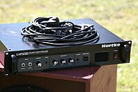 A Hartke bass amplifier unit. This is only the amplifier electronics. It has to be plugged into a bass speaker cabinet to produce sound.