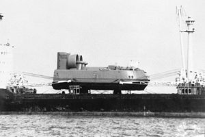 Lebed class vessel on the deck of a transport ship, 1985