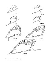 A set of seven drawn outlines of a peninsula depicting how it changed through its history.