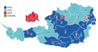 Stärkste Partei auf Ebene der Regionalwahlkreise (mit Wahlkarten) Die Kästchen zeigen im ersten Ermittlungsverfahren gewonnene Mandate (Grundmandate) an