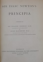 Title page in a 1871 copy of "Philosophiae Naturalis Principia Mathematica" by Isaac Newton, with dedication to Blackburn and William Thomson
