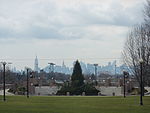 A view of the New York City skyline from the Queens College quad.