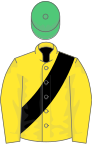 Yellow, black sash, emerald green cap