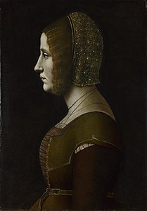 Painting. Bust-length portrait of a woman seen in profile against a black background