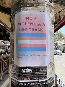 Photograph of a sign on a pole; the sign has the transgender flag text condemning violence against transgender people