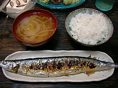 Sanma, miso soup and rice