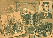 Artistic rendition of Richards' hanging, depicting a crowd of onlookers tearing apart a barricade and a portrait sketch of Richards