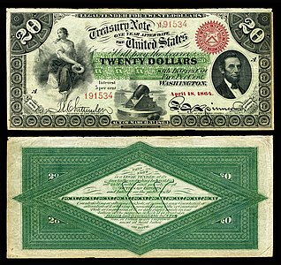 Twenty-dollar interest bearing note from the series of 1864, by the American Bank Note Company