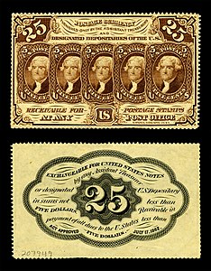 First issue of the twenty-five-cent fractional currency, by the American Bank Note Company and the United States Department of the Treasury