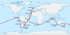 Route from Plymouth, England, south to Cape Verde then southwest across the Atlantic to Bahia, Brazil, south to Rio de Janeiro, Montevideo, the Falkland Islands, round the tip of South America then north to Valparaiso and Callao. Northwest to the Galapagos Islands before sailing west across the Pacific to New Zealand, Sydney, Hobart in Tasmania, and King George's Sound in Western Australia. Northwest to the Keeling Islands, southwest to Mauritius and Cape Town, then northwest to Bahia and northeast back to Plymouth.