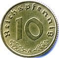 Prewar 10 ℛ︁₰ (reverse). Struck in the same aluminium-bronze as the 5 ℛ︁₰.