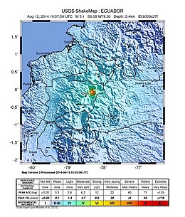 Map about the severity of the earthquake 2014 near Quito showing a large part of Ecuador and especially Quito. Under the map is a table showing different severities and their effects. One can see that Quito experienced a moderate earthquake.