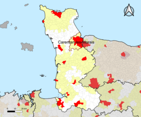 Localisation de l'aire d'attraction de Carentan-les-Marais dans le département de la Manche.