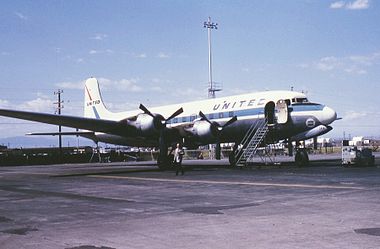 United Airlines DC-6, parked on the north ramp of the old Stapleton Airport, September, 1966
