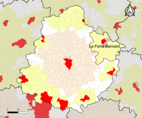 Localisation de l'aire d'attraction de la Ferté-Bernard dans le département de la Sarthe.