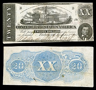 Twenty Confederate States dollar (T51), by Keatinge & Ball